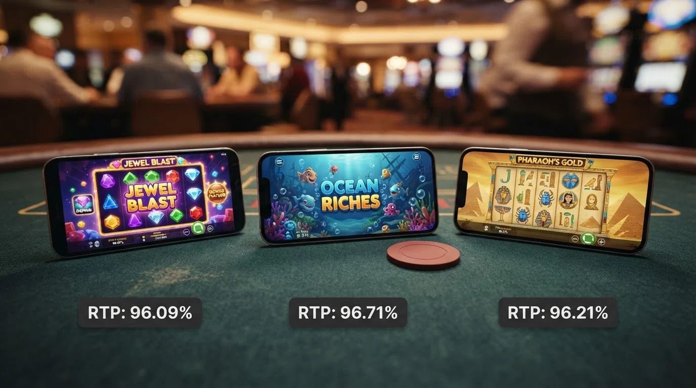 The title screens of Starburst, Big Bass Bonanza and Book of Dead arranged in a row, with their RTP percentages displayed beneath each title