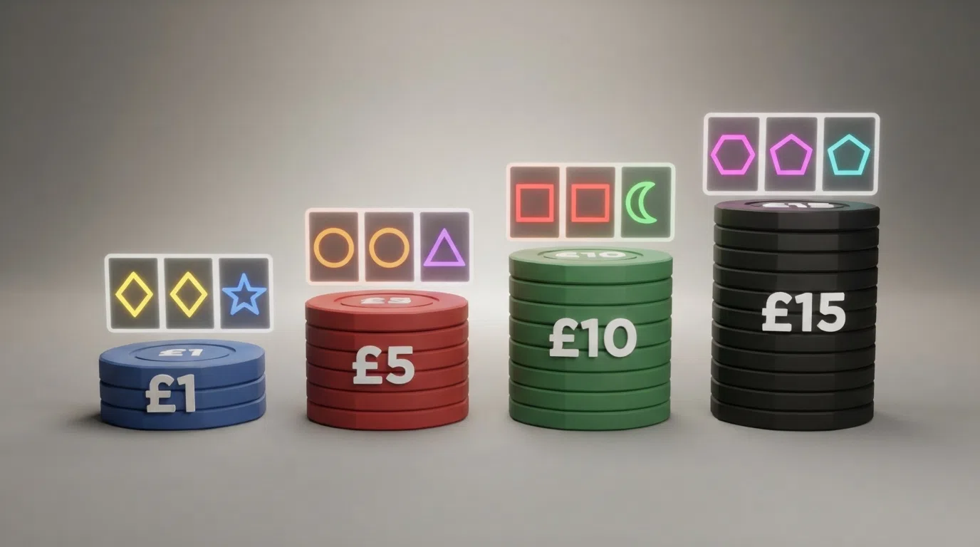 Four stylised casino-chip stacks in ascending height, labelled £1, £5, £10 and £15, with a slot-reel graphic behind each stack showing the approximate number of spins each tier buys under the £5 per-spin cap