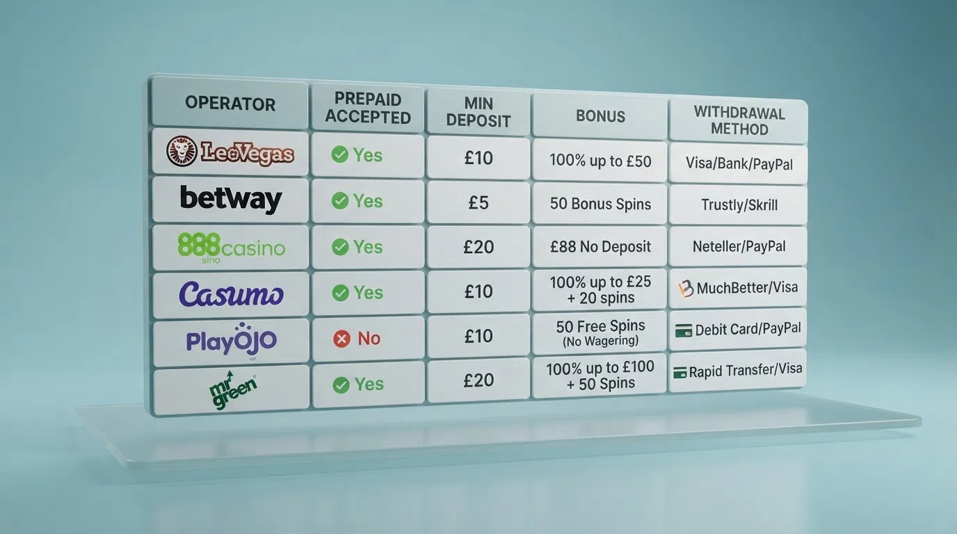 A side-by-side summary of UK casino logos showing paysafecard acceptance status, welcome bonus terms and withdrawal routes