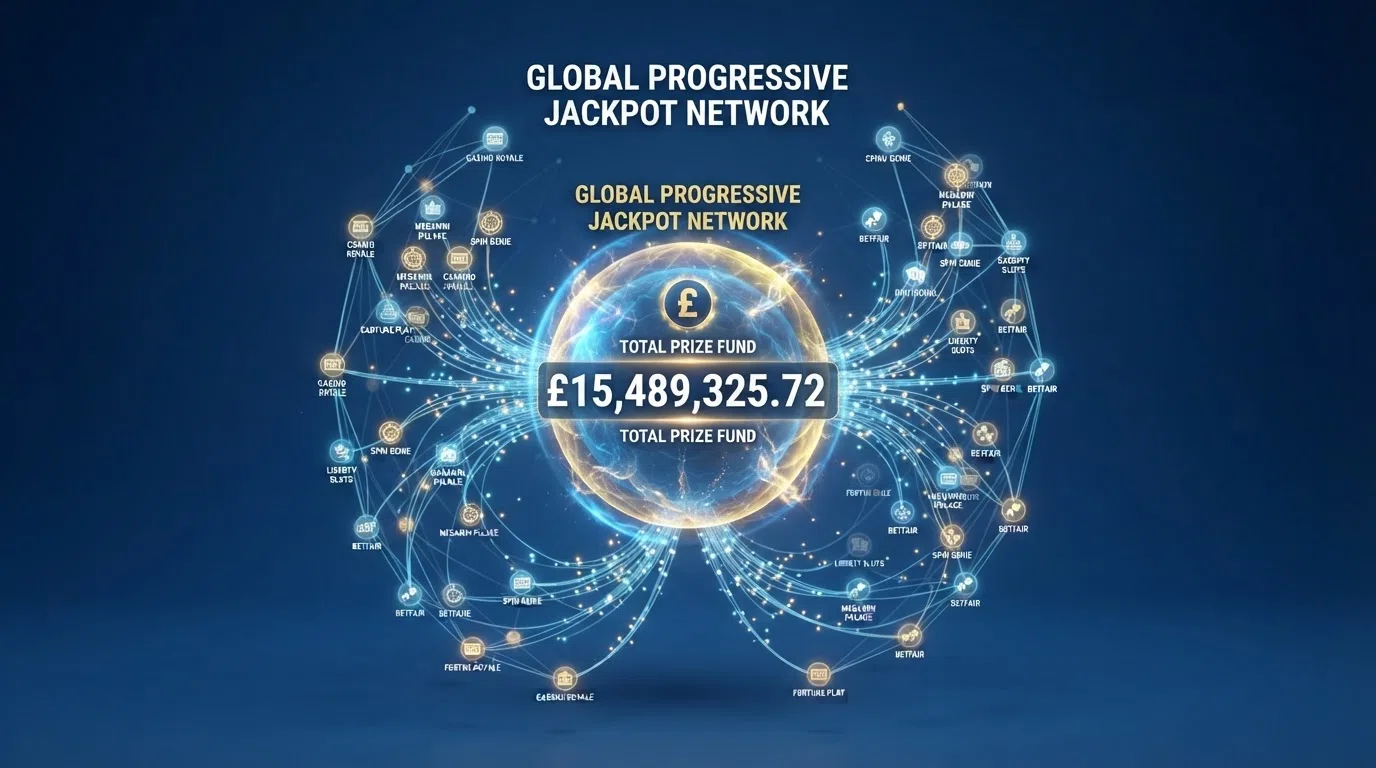 A visual diagram showing how multiple online casinos feed a fraction of every player stake into one shared progressive jackpot pool that grows across every connected site