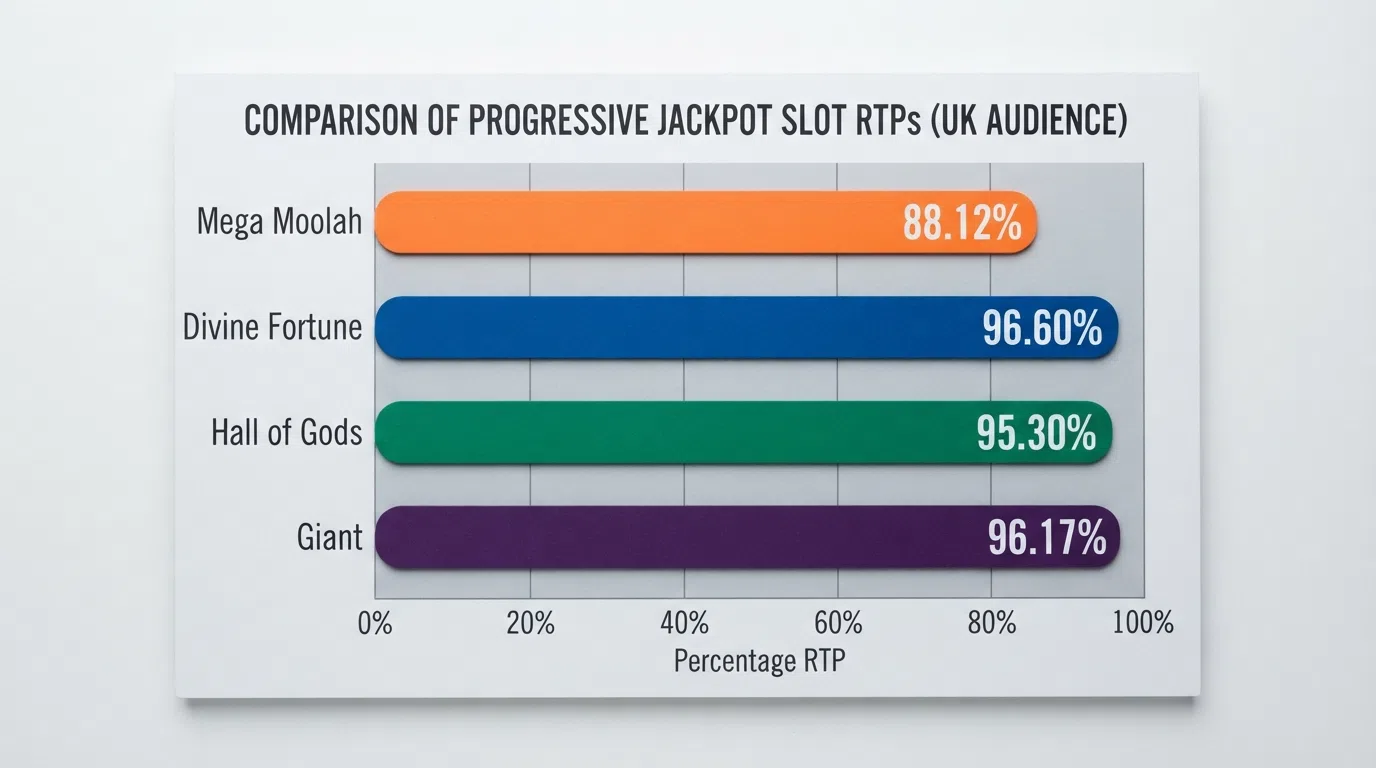 A bar chart comparing the headline RTP percentages of Mega Moolah, Divine Fortune, Hall of Gods and Jackpot Giant side by side