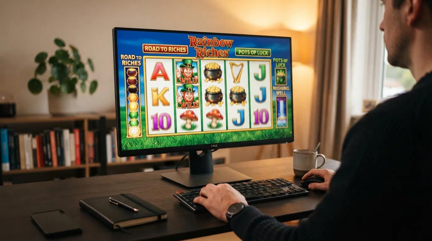 The Rainbow Riches original five-reel slot in mid-spin, showing the leprechaun wild symbol and the Road to Riches bonus trail on a desktop screen