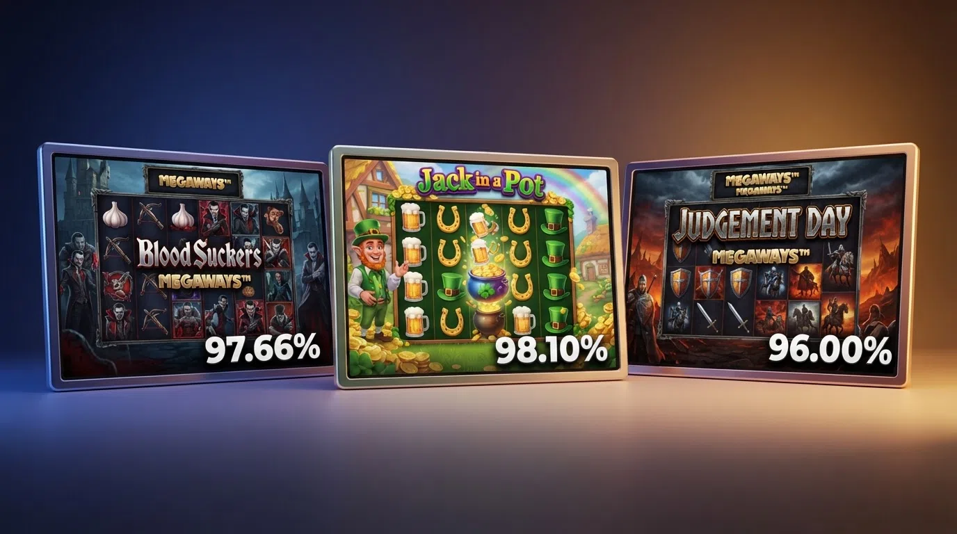 A side-by-side display of three Red Tiger slot title screens — Blood Suckers Megaways, Jack in a Pot and Judgement Day Megaways — with their RTP percentages overlaid