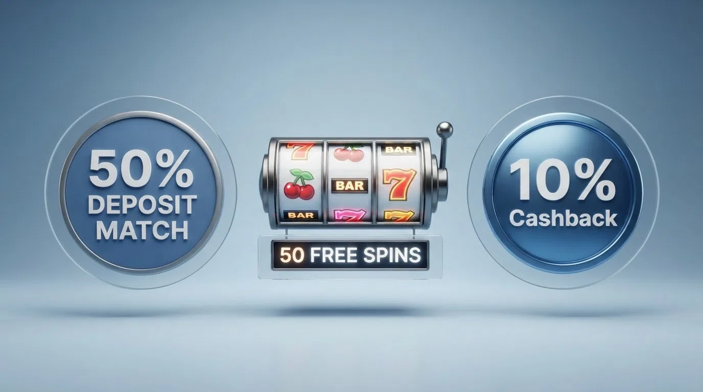 Three side-by-side illustrations representing a deposit-match percentage badge, a set of free spins on a slot reel, and a cashback percentage icon