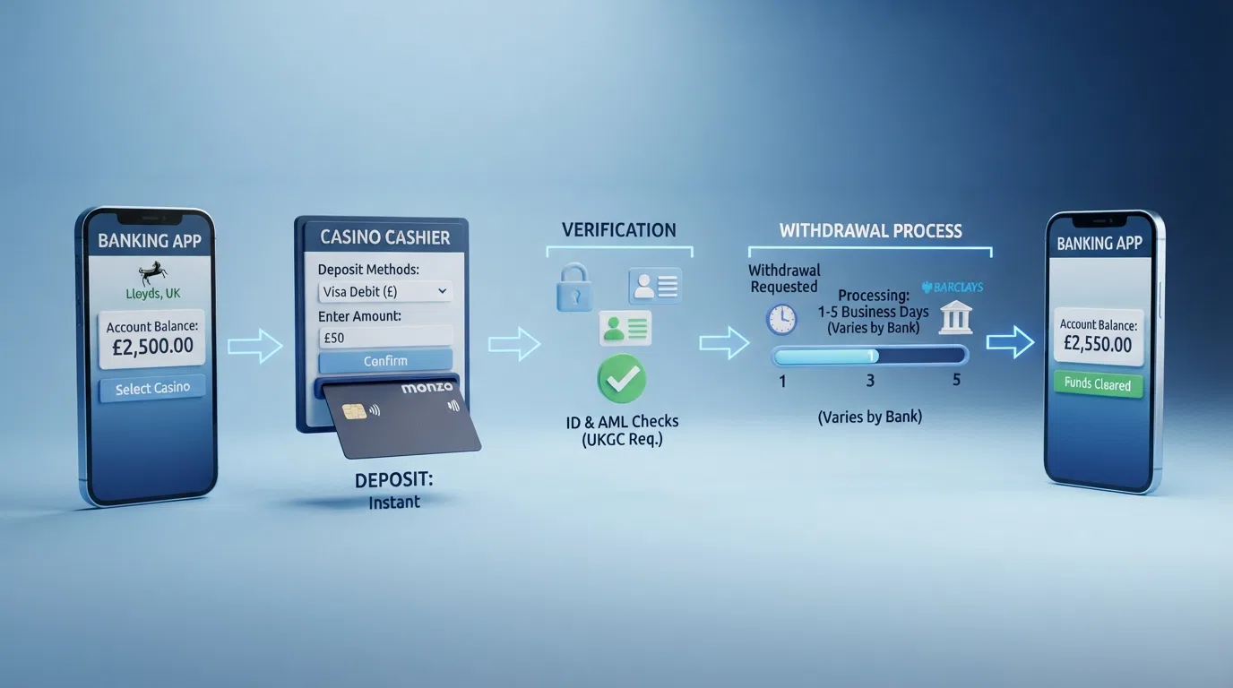 A step-by-step diagram showing the deposit flow from Revolut app to casino cashier, with processing times marked at each stage