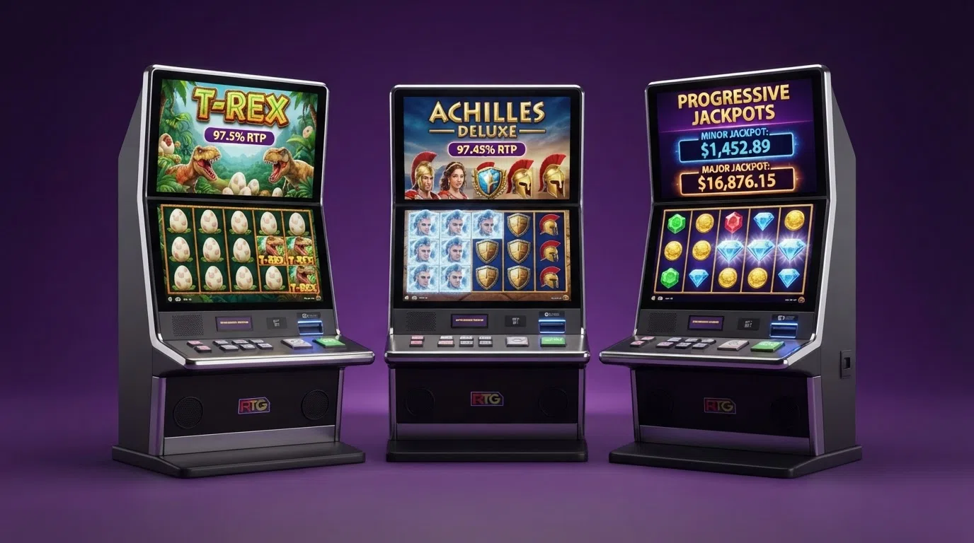 Three RTG slot game screens showing the reels, bonus-round symbols and progressive-jackpot meter during active play