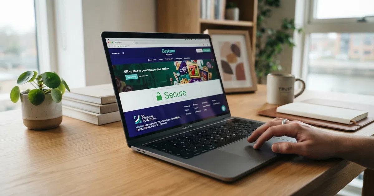 A UK Gambling Commission licence badge displayed prominently on a casino website homepage alongside a secure padlock icon in the browser address bar