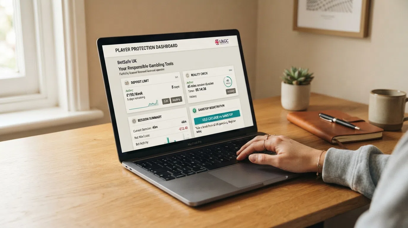 A UK online casino's responsible-gambling dashboard showing active deposit limit, reality-check timer, session win/loss display and a GAMSTOP registration link.