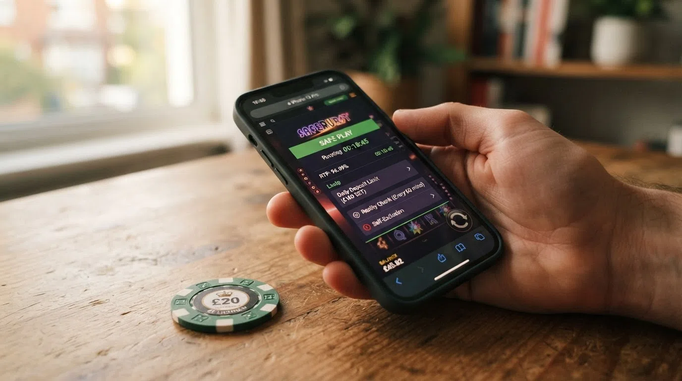 A UK online slot interface with the in-game help screen and safer-gambling toolbar open, displaying RTP percentage, session timer and deposit-limit controls