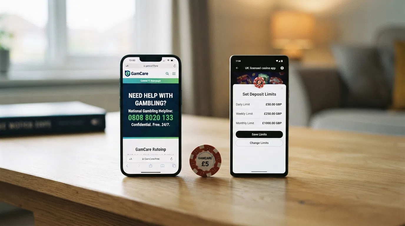 A smartphone showing the GamCare homepage and the National Gambling Helpline number, with a casino deposit-limit screen open in a second device beside it