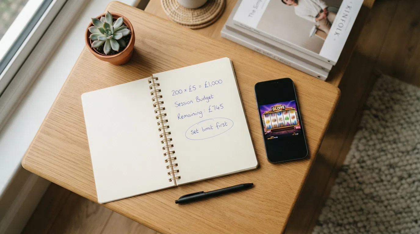 A notepad beside a smartphone showing a slots session screen, with handwritten numbers — 200 × £5 = £1,000 — and a circled note reading “set limit first”