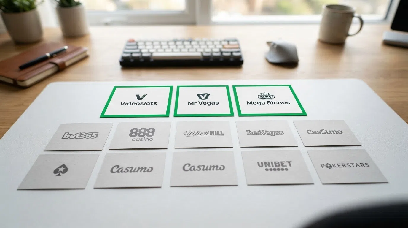 A visual comparison of ten UK casino brand logos, with three highlighted in green (Siru confirmed) and seven in grey (Siru not confirmed)