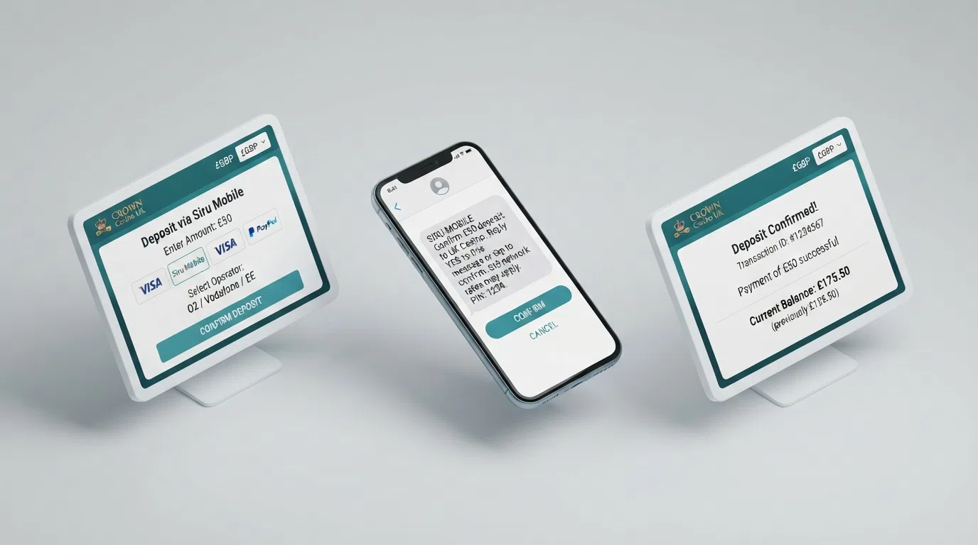 A step-by-step diagram showing the Siru Mobile deposit sequence: casino cashier → phone number entry → SMS confirmation → funds credited → charge on next phone bill