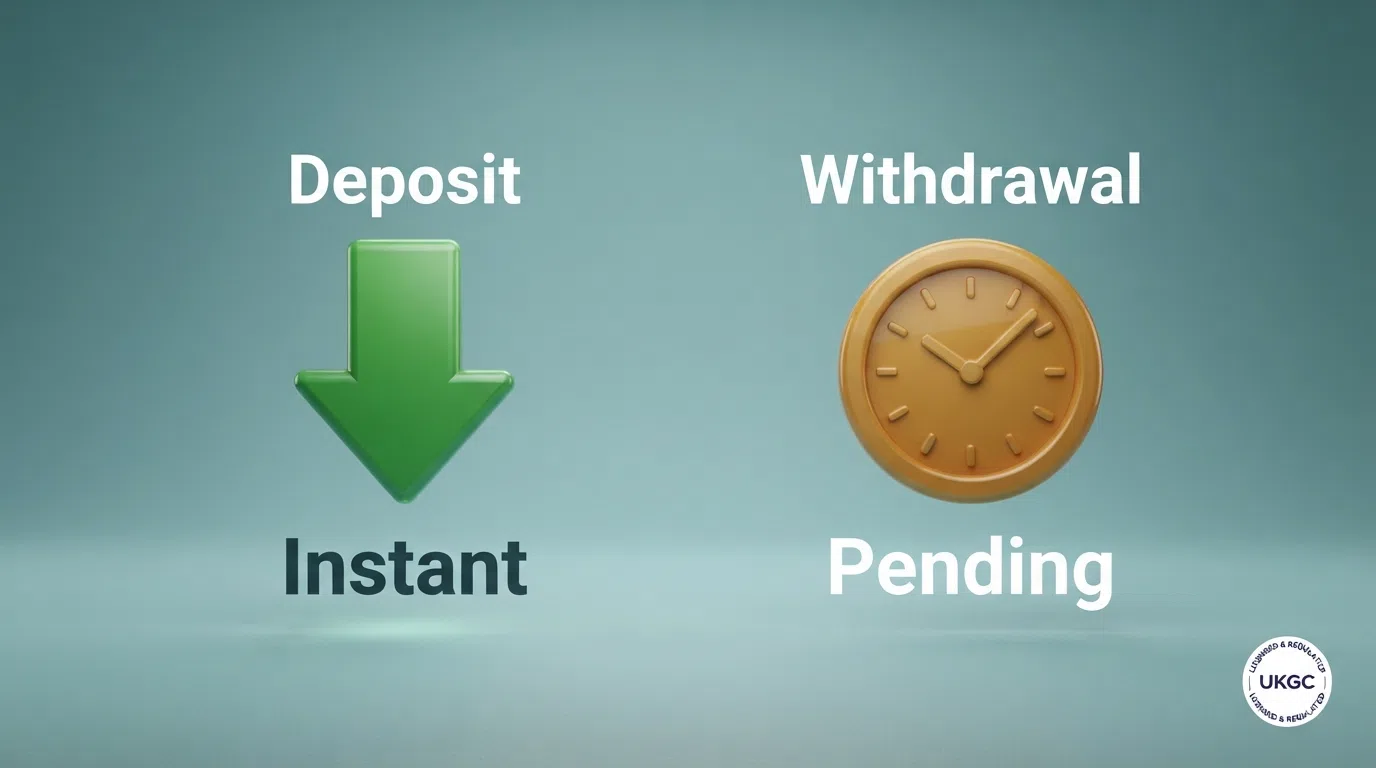 A side-by-side comparison graphic showing deposit (instant, green arrow) vs withdrawal (pending review clock, amber arrow) at a UK online casino