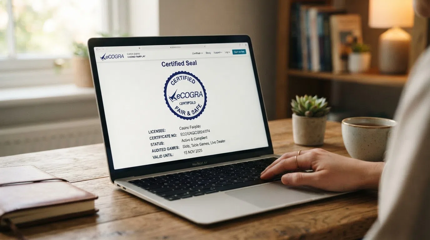 An eCOGRA testing certificate displayed on a casino website showing RNG certification, game-fairness approval and the test-house accreditation reference number
