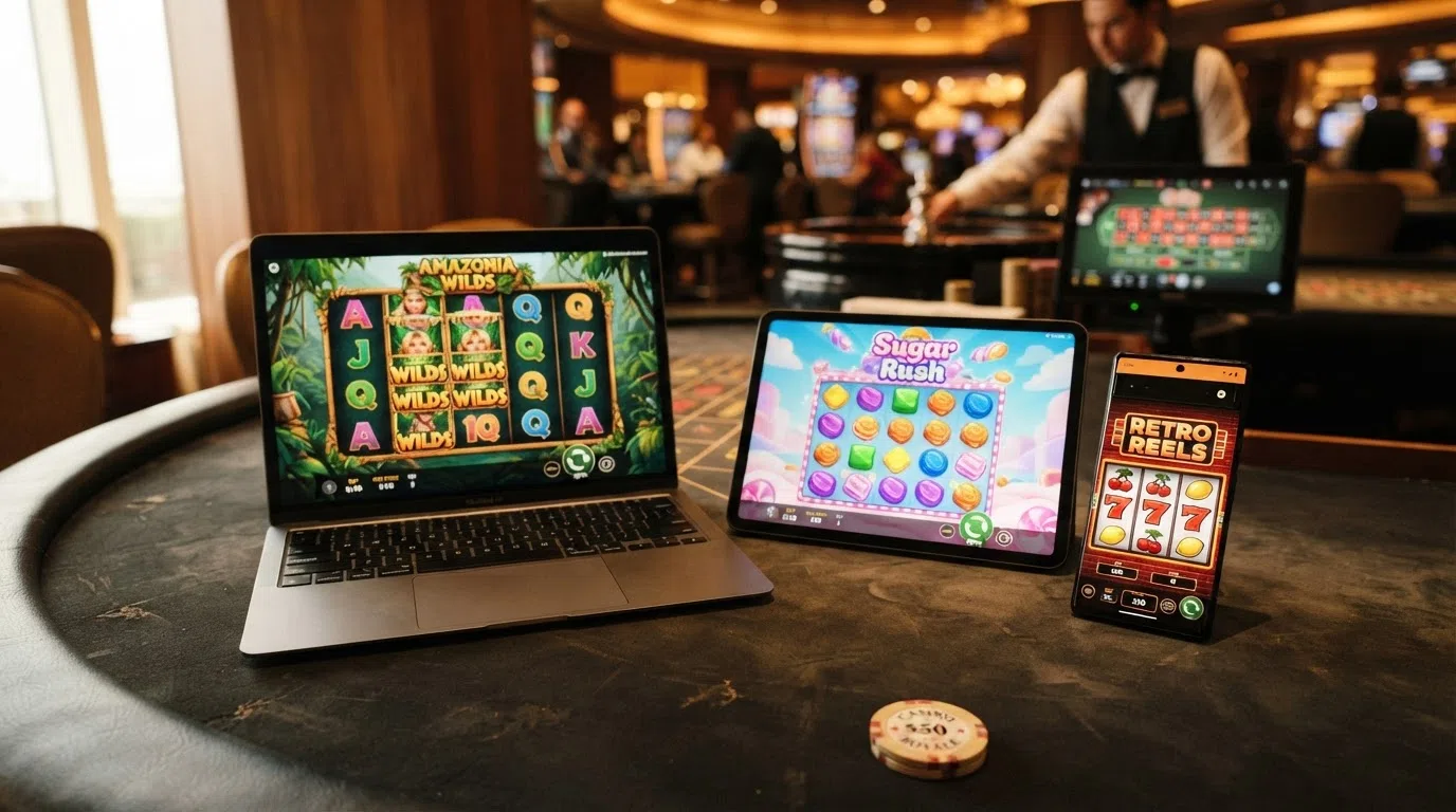 A collage of popular slot screens showing Starburst, Sweet Bonanza and Book of Dead, overlaid with a roulette wheel and a live-dealer table interface
