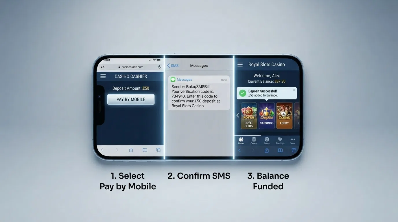 A simplified three-step flow diagram showing phone → SMS verification code → funded casino balance on the same device screen