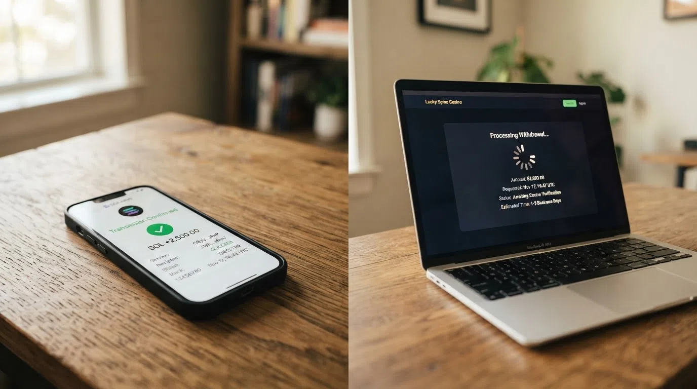 A split-frame visual contrasting a smartphone showing a confirmed blockchain transaction on the left with a loading-spinner casino withdrawal screen on the right