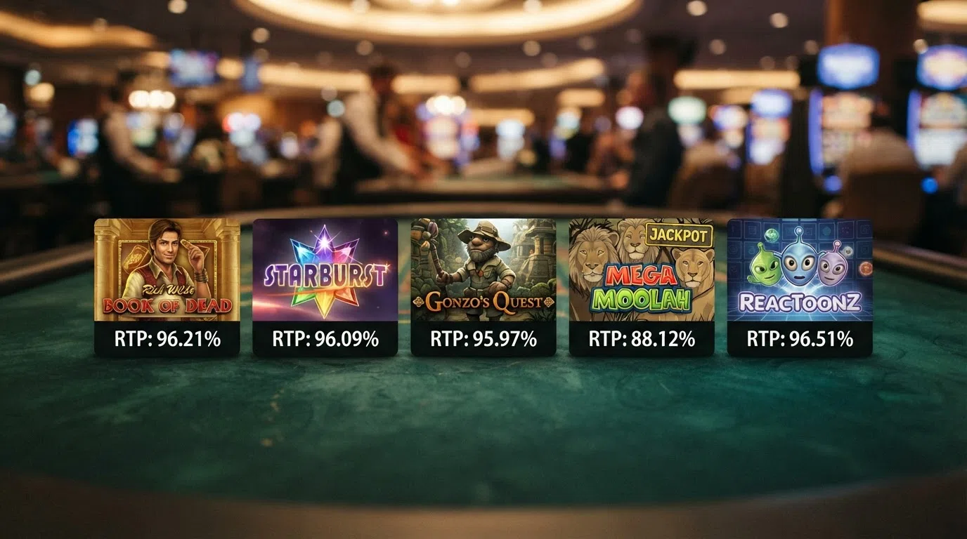 A grid of five slot-title cards — Starburst, Gates of Olympus, Sweet Bonanza, Big Bass Bonanza and The Dog House Megaways — each showing its RTP percentage beneath the title