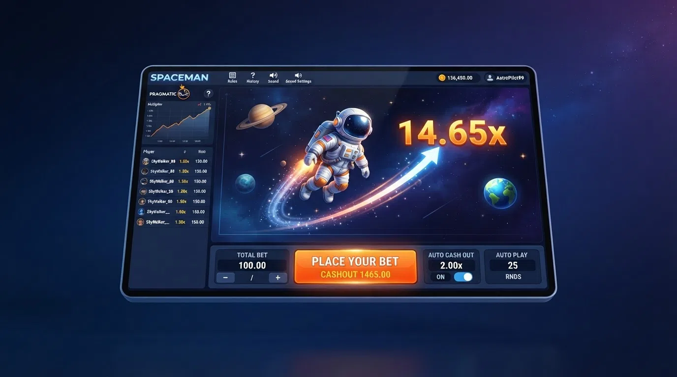 The Spaceman game screen by Pragmatic Play showing the animated astronaut rising alongside a climbing multiplier with the auto-cash-out panel visible