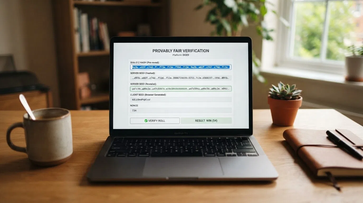 Visual walkthrough of the provably fair verification screen — the SHA-512 hash display, the three client seeds, and the server seed reveal that lets a player independently check a round's outcome