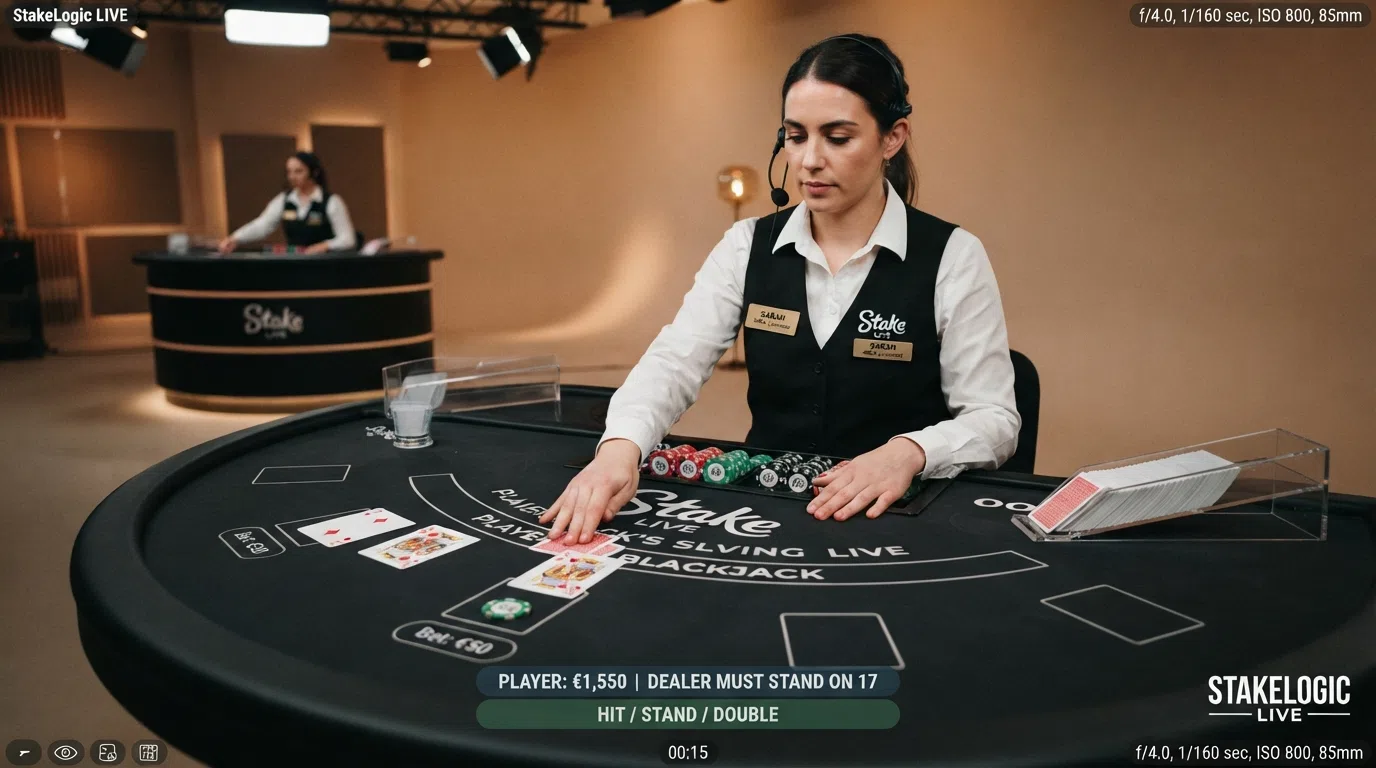 A StakeLogic Live blackjack table filmed from the Malta studio, showing a dealer behind a branded table with game interface overlaid