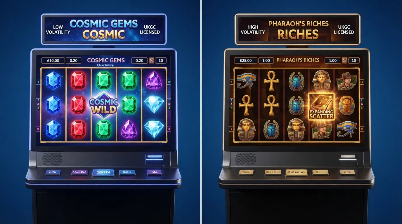 Side-by-side game screens of Starburst with its gem-filled reels and Book of Dead with its ancient-Egypt theme and expanding scatter symbol