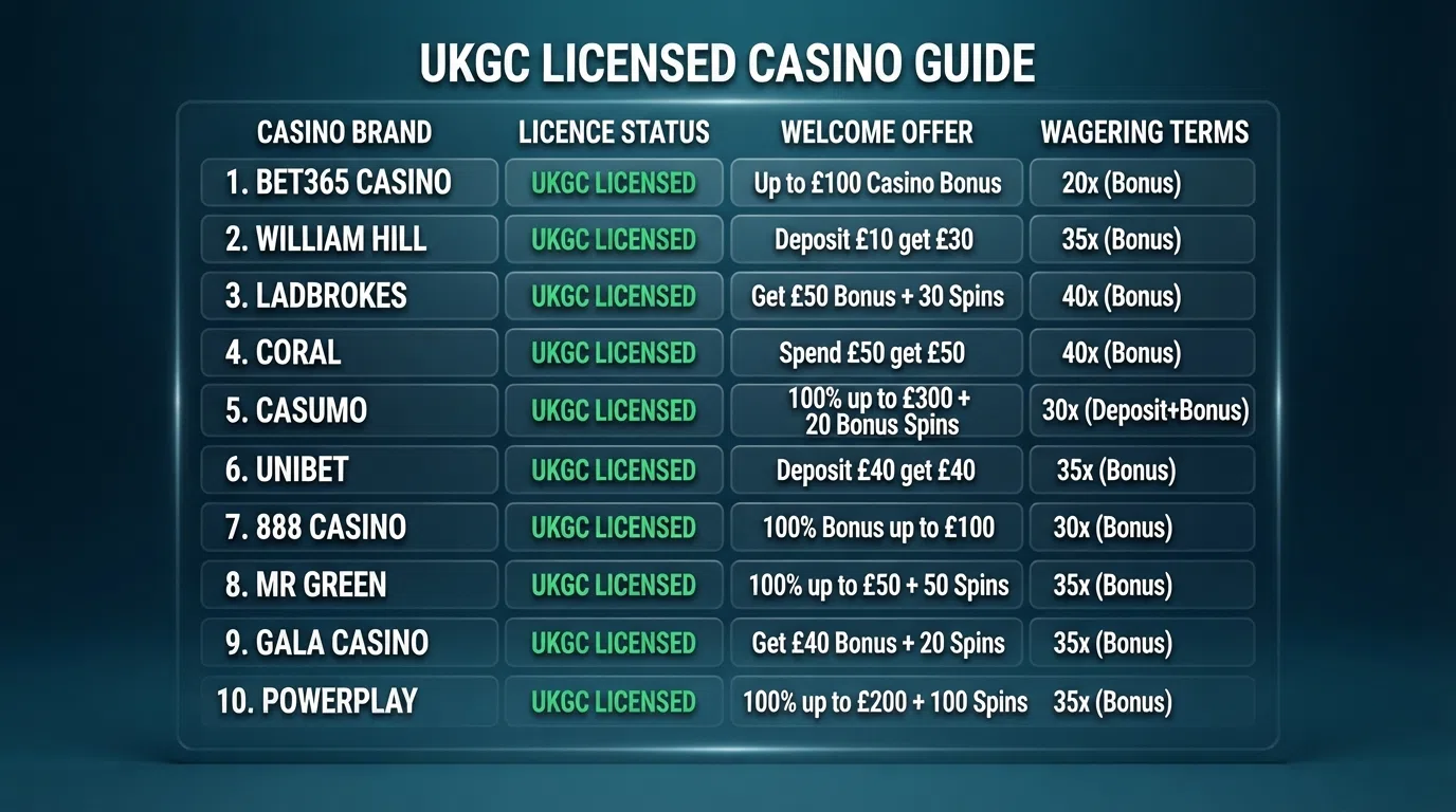 A comparison table with ten operator names and columns for licence, welcome offer and wagering
