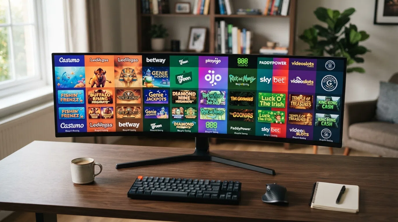 A montage of ten online casino slot lobbies side by side