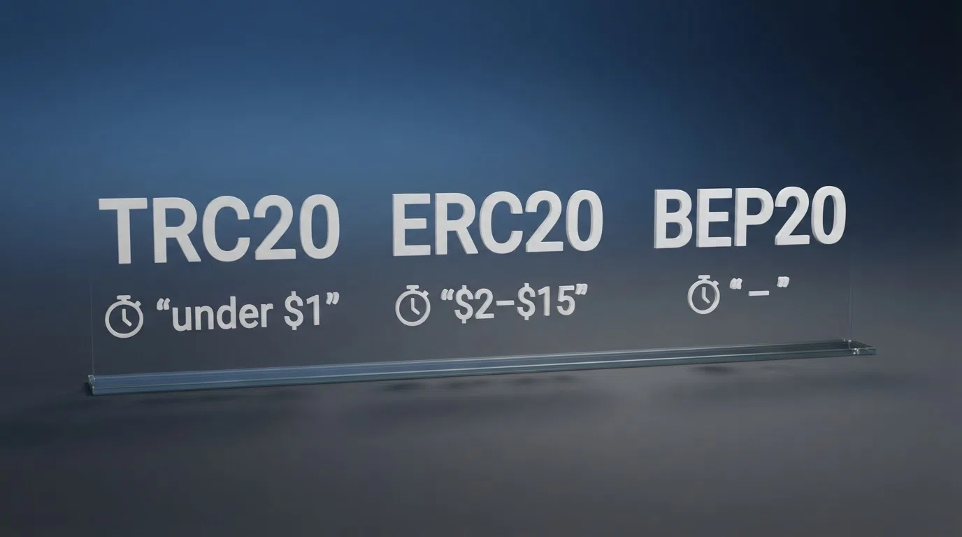 A side-by-side comparison of three blockchain network logos — TRC20, ERC20 and BEP20 — with fee amounts and timer icons beneath each