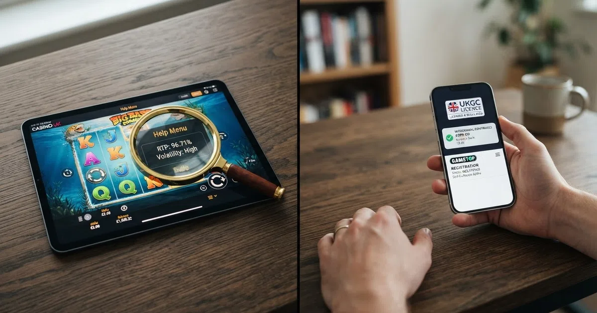 A split-frame visual: on the left, a UK online casino slot grid showing the help-menu RTP screen overlaid with a magnifying glass; on the right, a player's tablet displaying a UKGC licence badge, a withdrawal-confirmation notification, and a GAMSTOP registration page