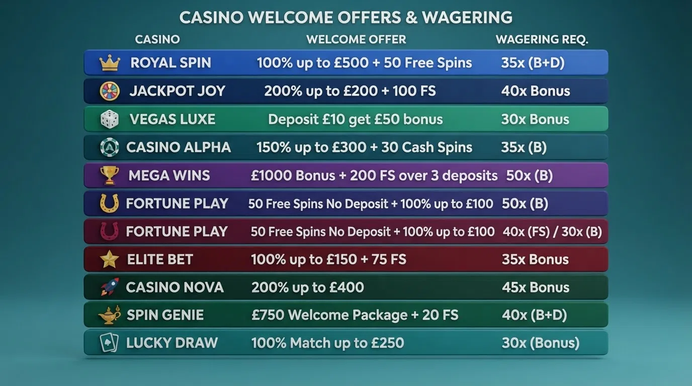 A ranked comparison table listing ten casino names beside welcome-offer and wagering columns