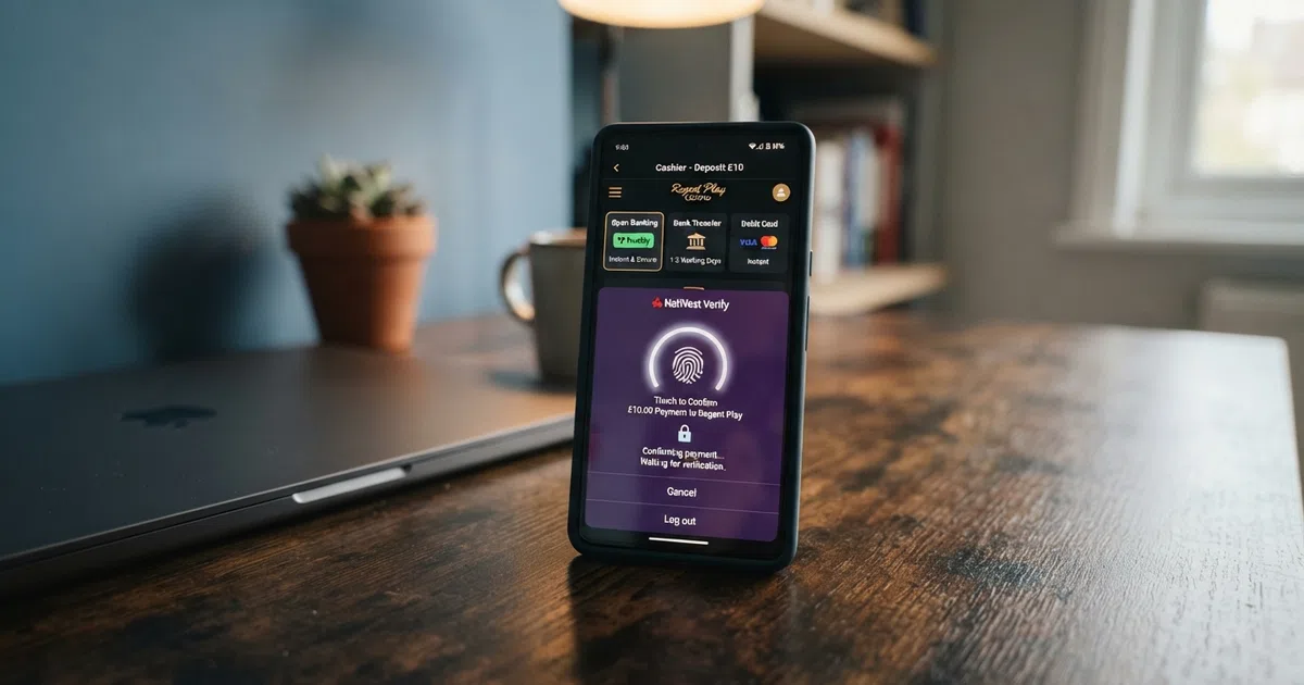 A smartphone screen showing a UK online casino cashier page with Open Banking, bank transfer, and debit card listed as deposit options, a bank app overlay confirming a payment