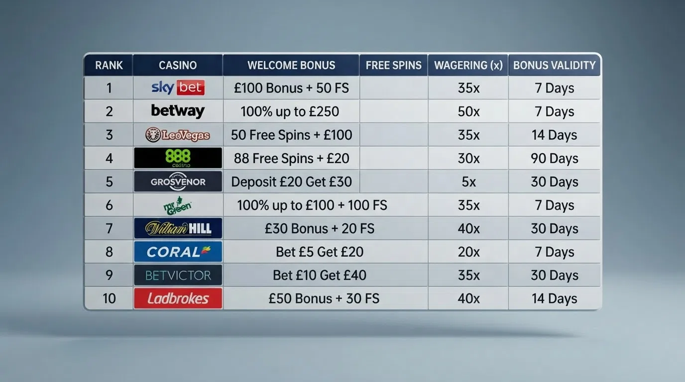 A comparison table of ten casino offers with columns for welcome bonus, free spins and wagering multiplier