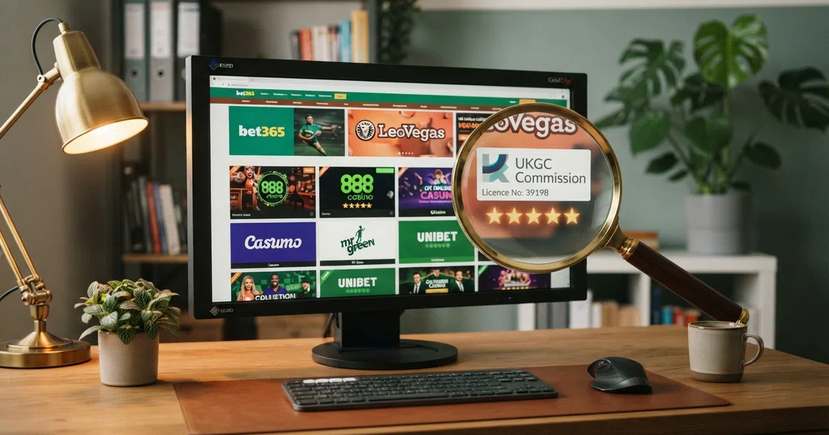 A desktop screen displaying a grid of UK online casino homepages with a magnifying glass overlay highlighting a UKGC licence badge and a row of five-star ratings