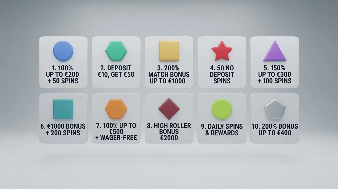 A grid of ten UK casino brand logos arranged in ranked order with their welcome bonus offers noted beneath each one