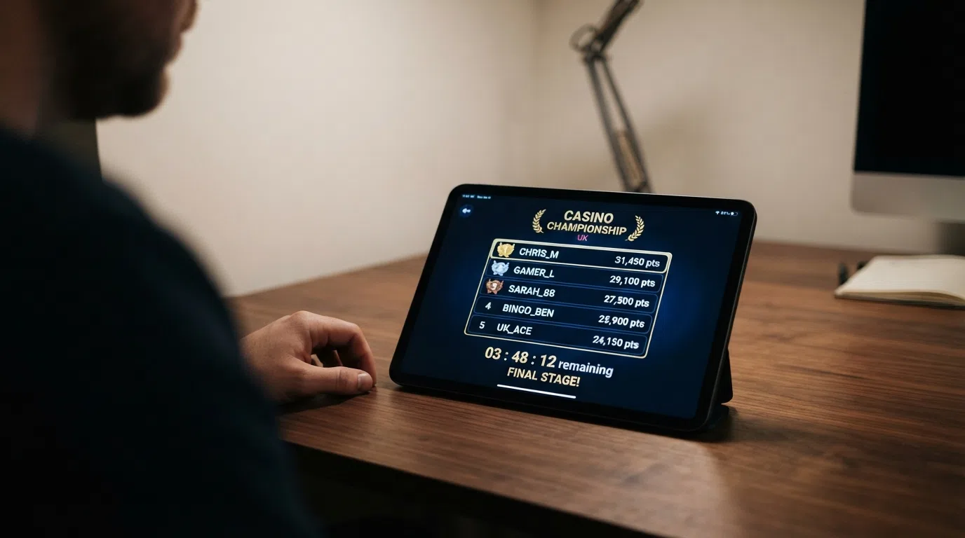 A stylised leaderboard screen showing player positions, scores and a countdown timer, against a blurred casino background