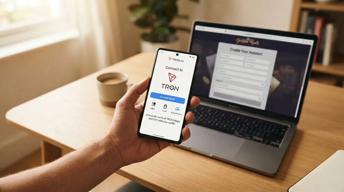 A TRON wallet connect screen on a smartphone with a casino registration form visible behind it, the personal details fields greyed out