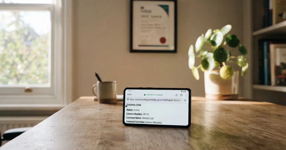 A smartphone screen showing a UK Gambling Commission public register search result beside a casino homepage, with a padlock icon in the browser address bar