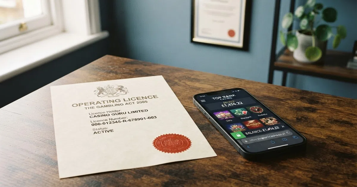 A UK Gambling Commission licence certificate beside a smartphone displaying a casino lobby with a padlock icon in the address bar