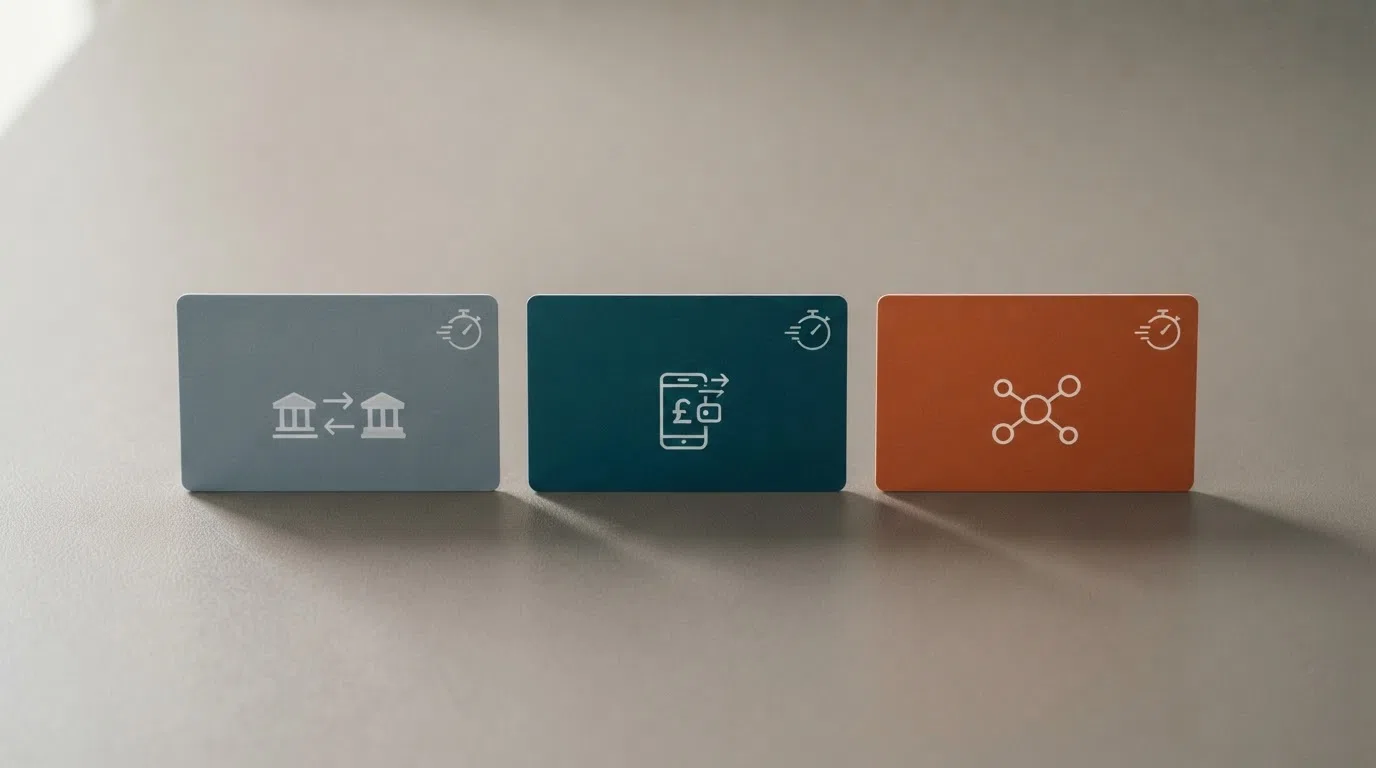 Three payment-method icons — Trustly, PayPal and an open-banking logo — arranged left to right with a stopwatch beneath each showing a representative processing time