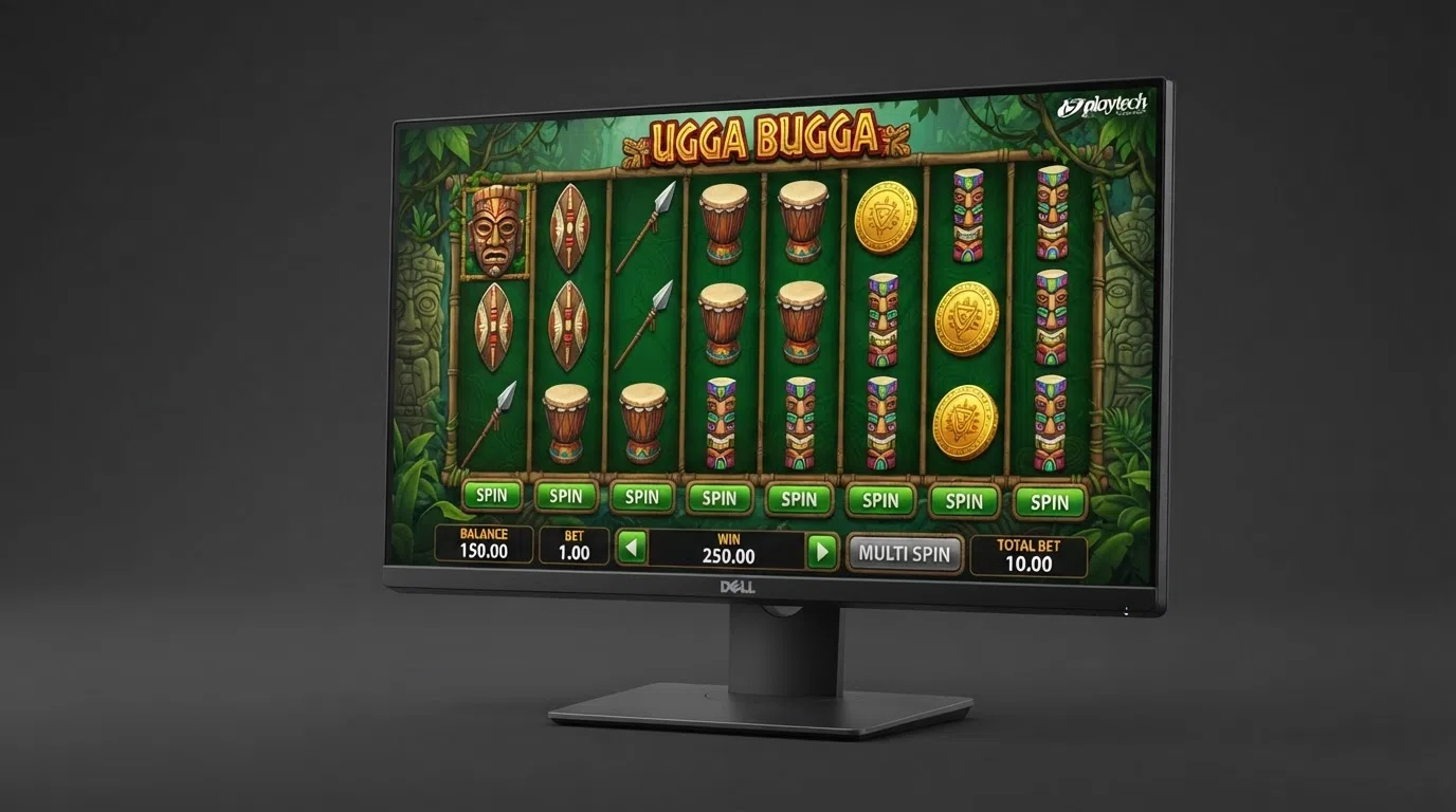 The Ugga Bugga slot game interface showing its tribal-mask theme and multi-spin layout on a desktop screen