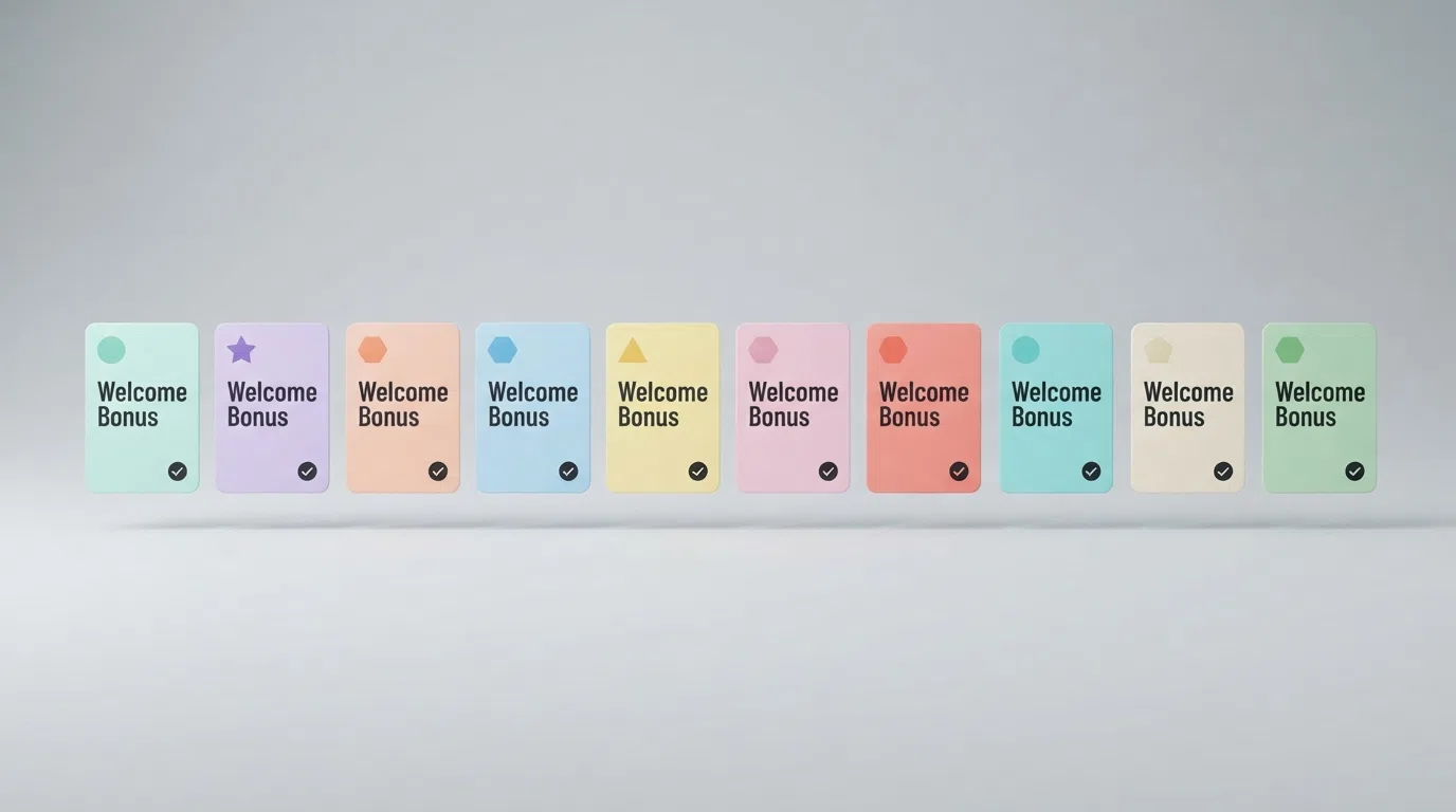 Ten operator cards arranged in a clean horizontal comparison layout, each showing the brand logo, a condensed welcome-offer badge and a UKGC licence checkmark, ranked left to right