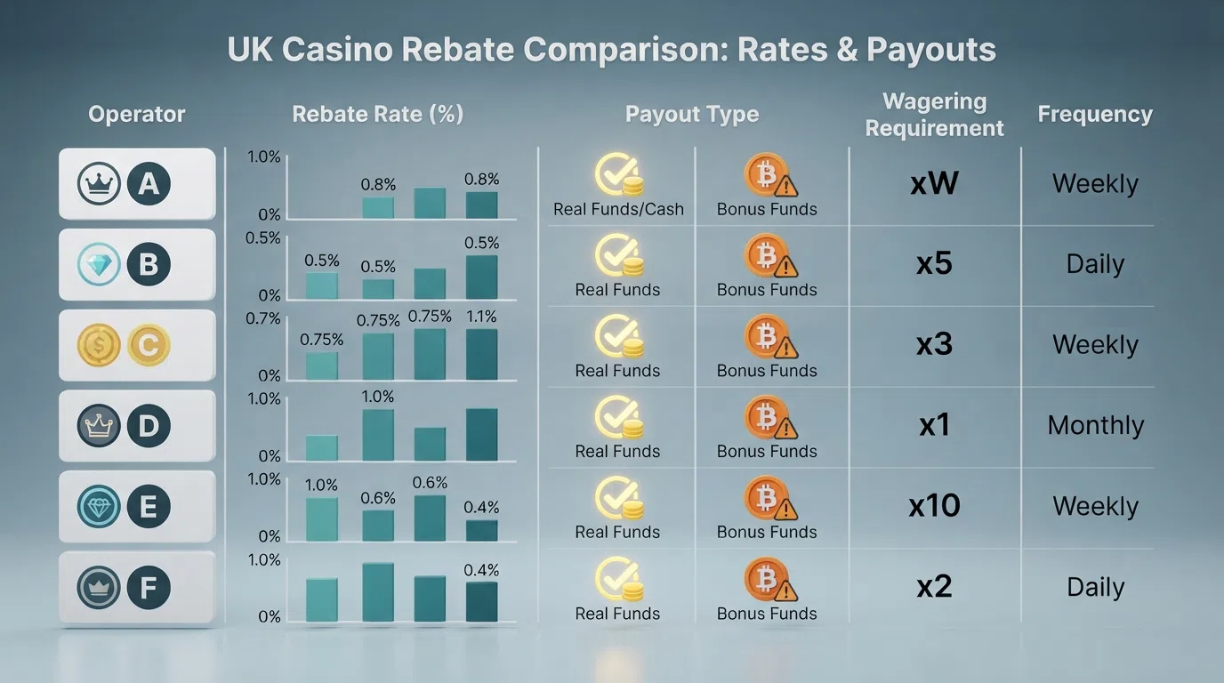 A side-by-side comparison visual of cashback rates and payout types across multiple UK-licensed casino logos, with real-cash offers highlighted