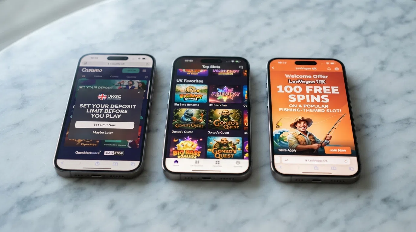 Three smartphone screens side by side showing different UK-licensed casino lobbies with slot thumbnails visible, one displaying a responsible-gambling deposit-limit prompt overlay