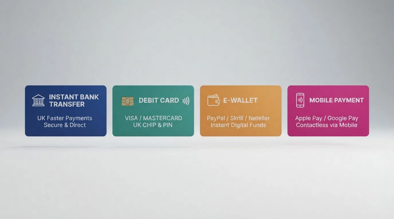A side-by-side comparison graphic showing Trustly Pay by Bank, Visa Debit, PayPal and Apple Pay logos arranged as UK casino deposit options