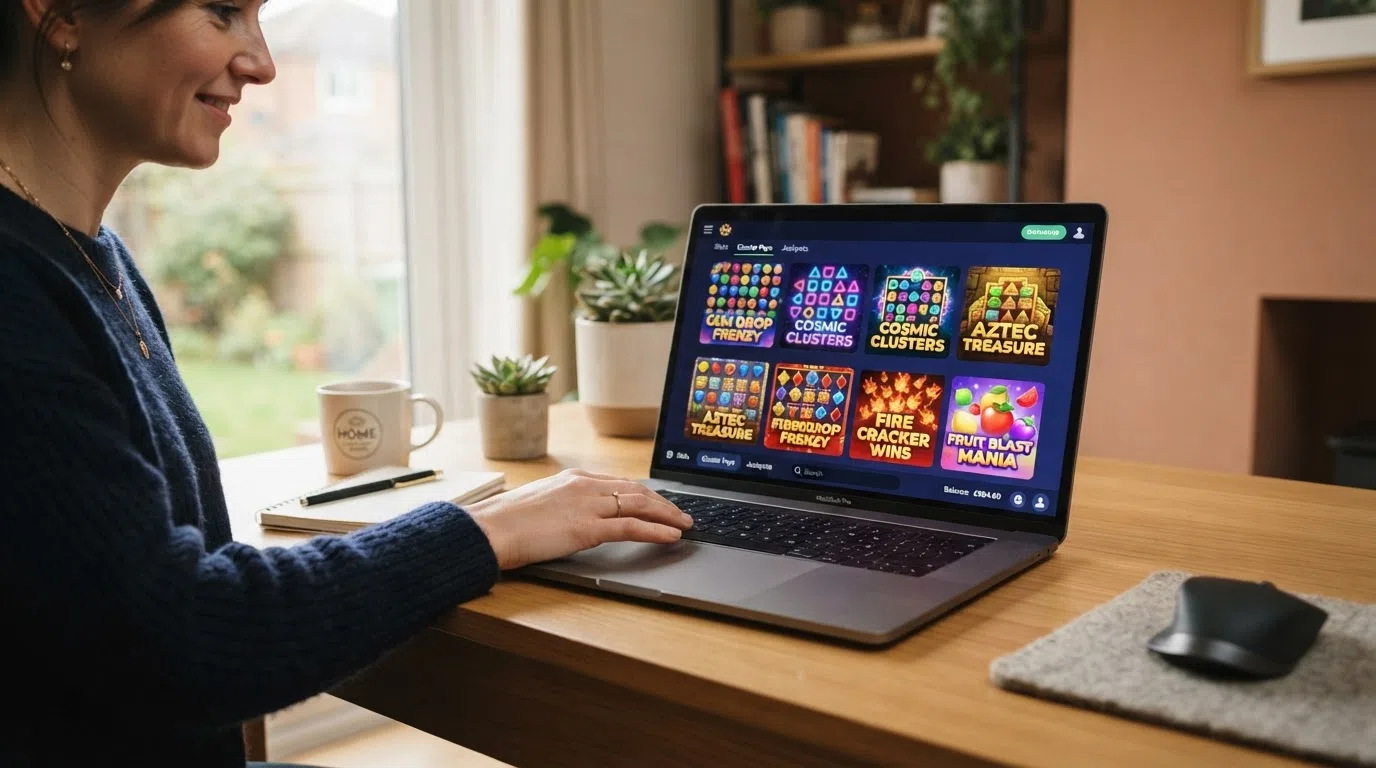 An online casino game lobby filtered to cluster pays slots, showing title thumbnails for Reactoonz, Sweet Bonanza, and Jammin' Jars with provider names visible