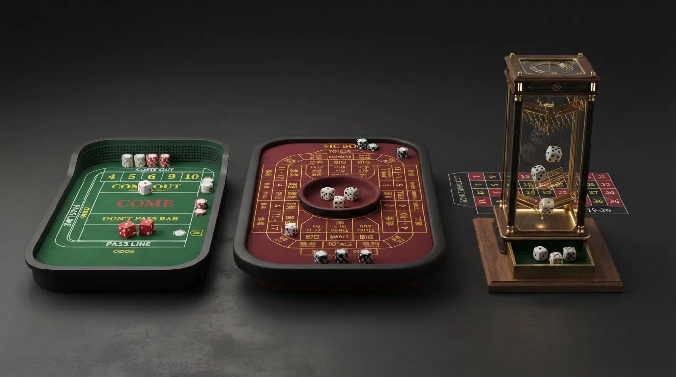 A split-screen showing a craps table layout, a Sic Bo betting grid and a Lightning Dice studio set side by side