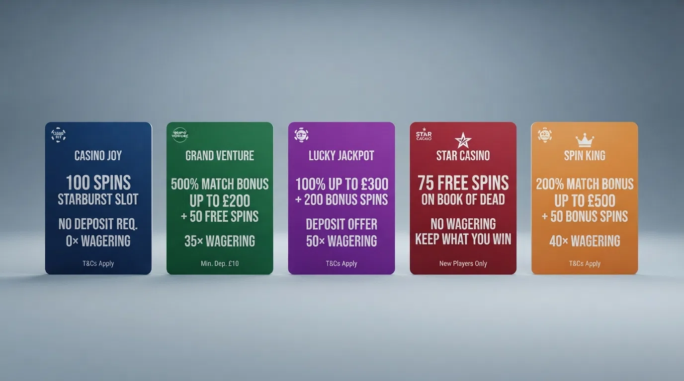 A side-by-side visual of casino welcome-offer cards showing different free-spin counts, match percentages and wagering badges