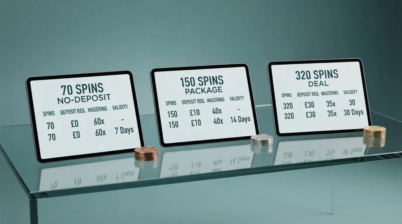 A side-by-side comparison table of UK casino operators showing spin counts, deposit requirements, and wagering terms